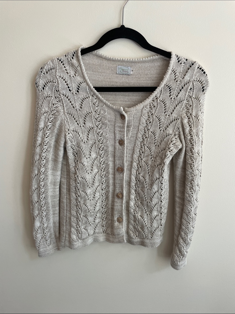 Natural Style Light Beige Openwork Wooden Button-Front Women's Sweater Cardigan